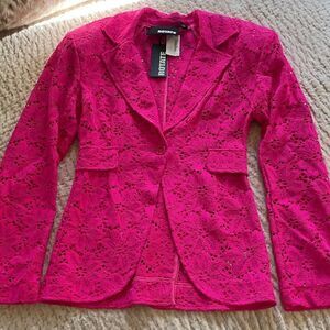 ROMWE Women's Vibrant Pink Lace Blazer